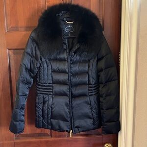 1 Madison Black Puffer Jacket with Fox Fur Collar, small.